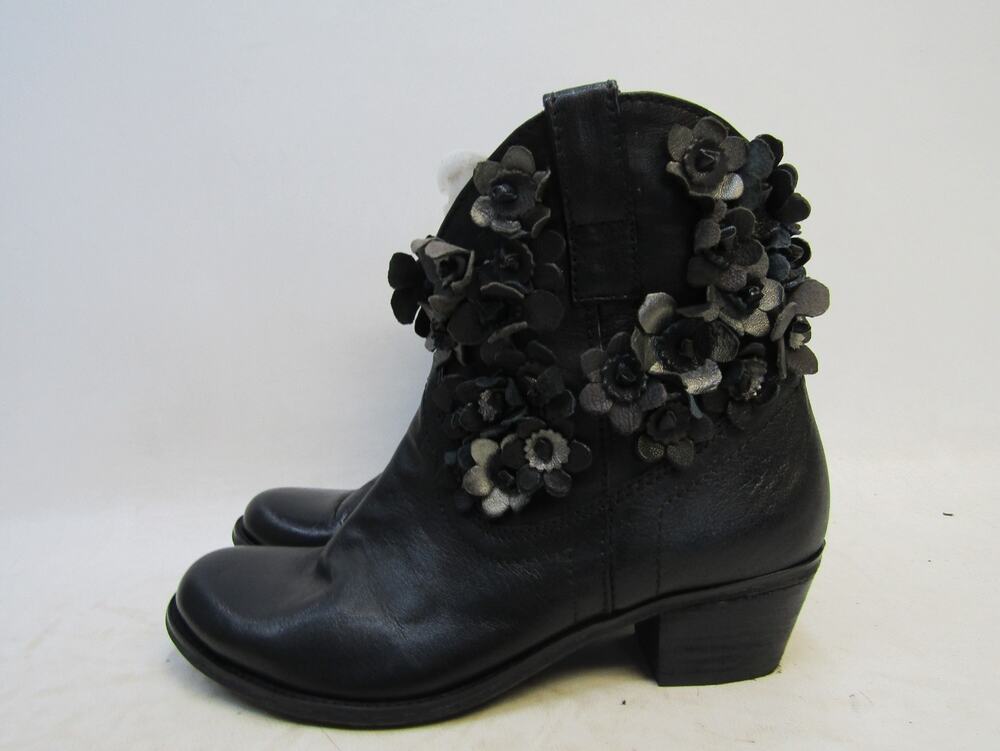 Sheridan Mia Womens Sz 40 EUR Black Leather Flower High Ankle Boots Bootie